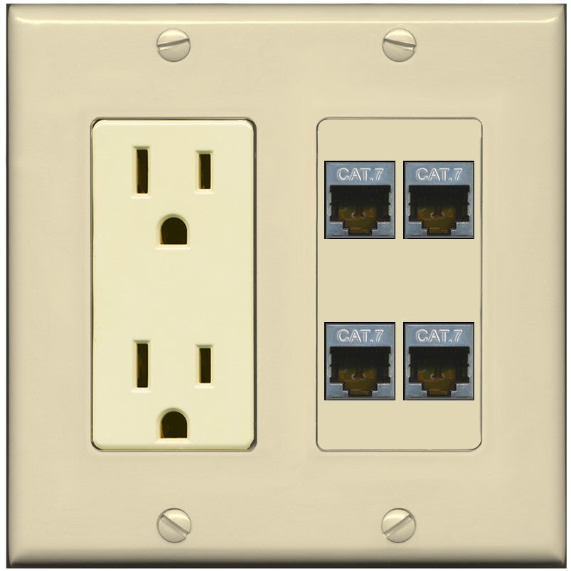 RiteAV 4 Port Cat7 Shielded Ethernet Wall Plate - Outlet [Ivory/Ivory]
