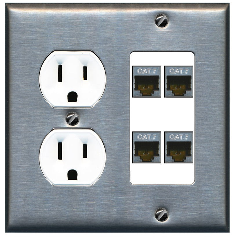 RiteAV 4 Port Cat7 Shielded Ethernet Wall Plate - Round Outlet [Stainless/White]
