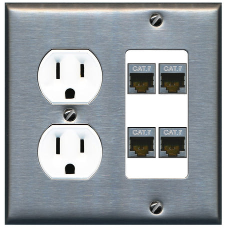 RiteAV 4 Port Cat7 Shielded Ethernet Wall Plate - Round Outlet [Stainless/White]