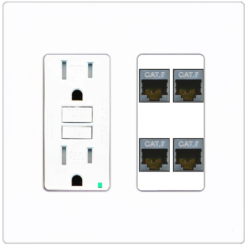 RiteAV 4 Port Cat7 Shielded Ethernet Wall Plate - GFCI Outlet [Screwless White]