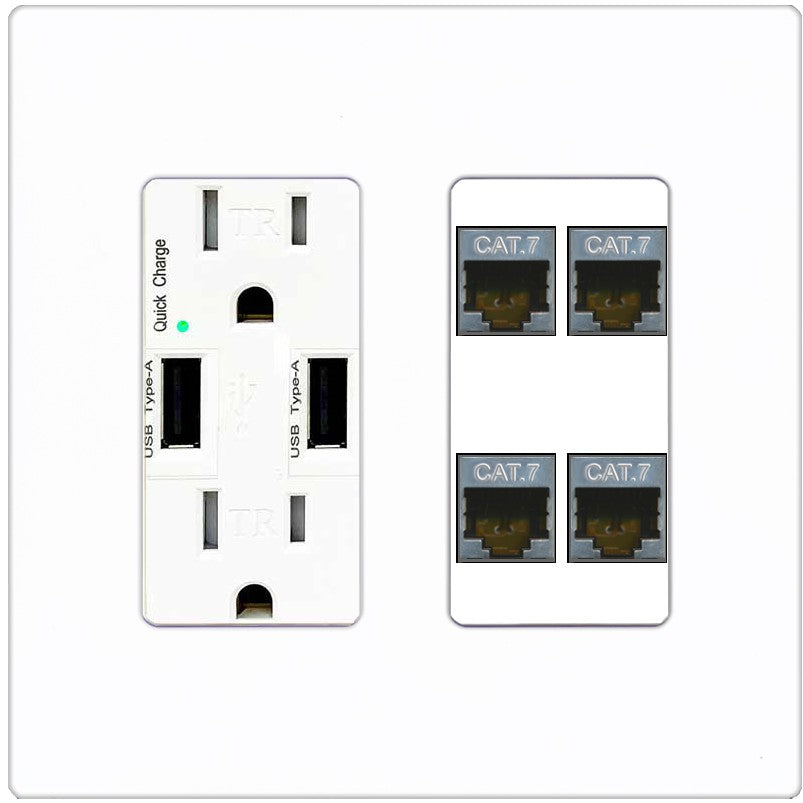 RiteAV 4 Port Cat7 Shielded Ethernet Wall Plate - USB Outlet [Screwless White]