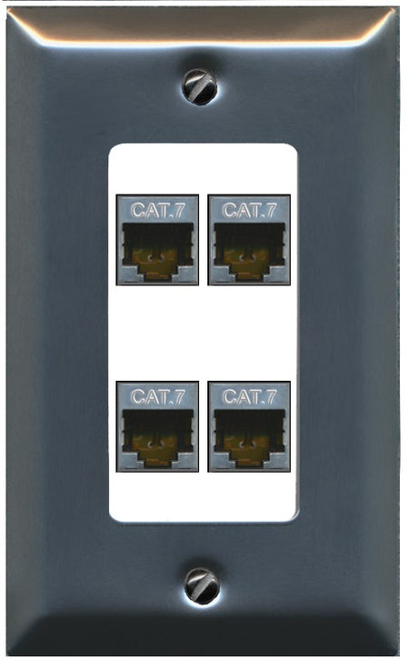 RiteAV 4 Port Cat7 Shielded Ethernet Wall Plate - 1 Gang Decorative [Stainless/White]