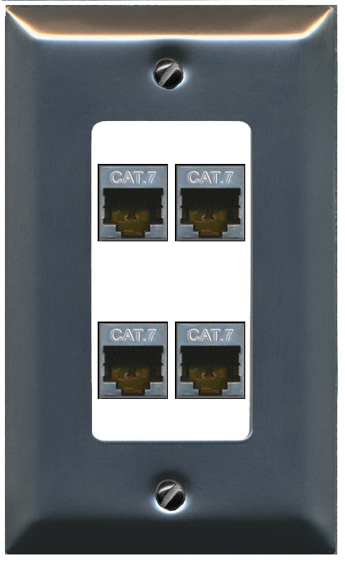 RiteAV 4 Port Cat7 Shielded Ethernet Wall Plate - 1 Gang Decorative [Stainless/White]