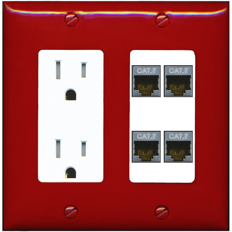 RiteAV 4 Port Cat7 Shielded Ethernet Wall Plate - Tamper-Resistant Outlet [Red/White]