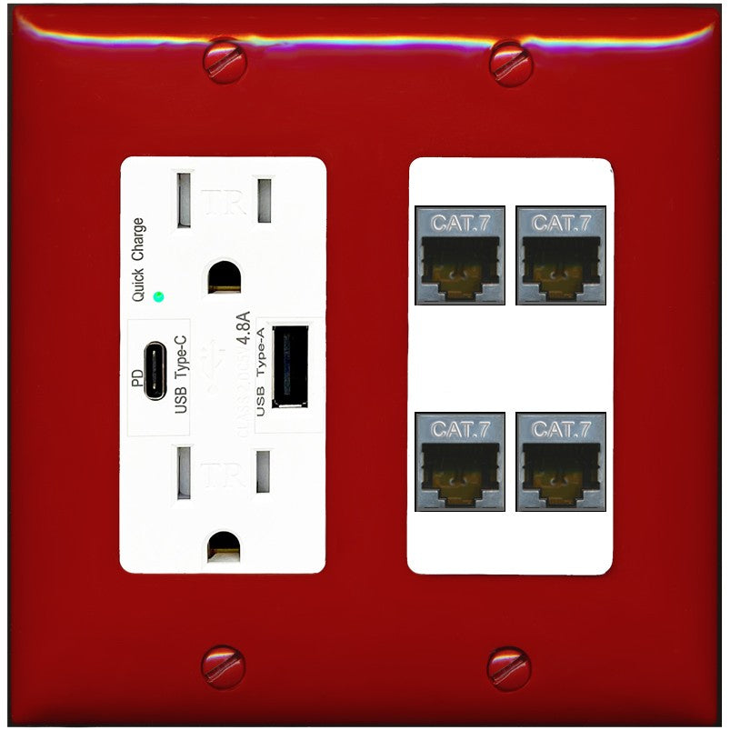 RiteAV 4 Port Cat7 Shielded Ethernet Wall Plate - USB A+C Outlet [Red/White]
