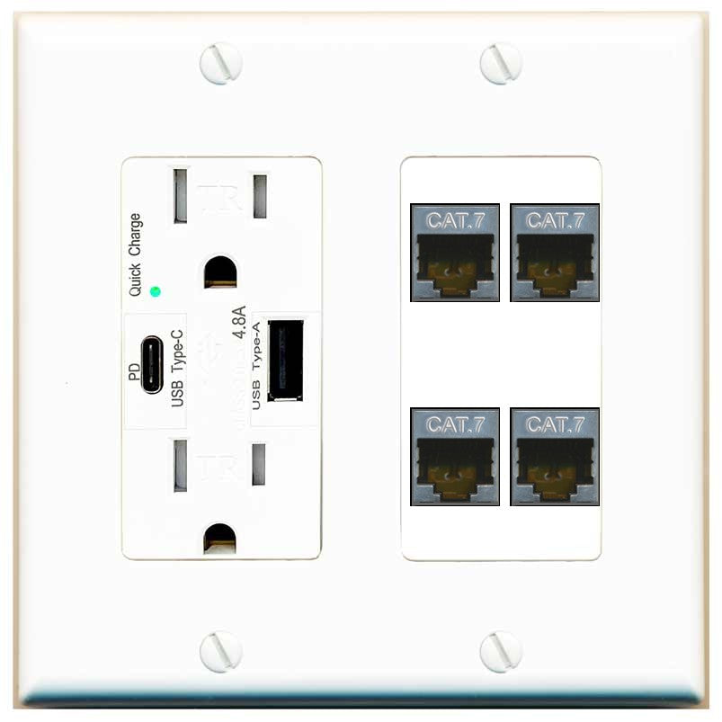 RiteAV 4 Port Cat7 Shielded Ethernet Wall Plate - USB A+C Outlet [White]