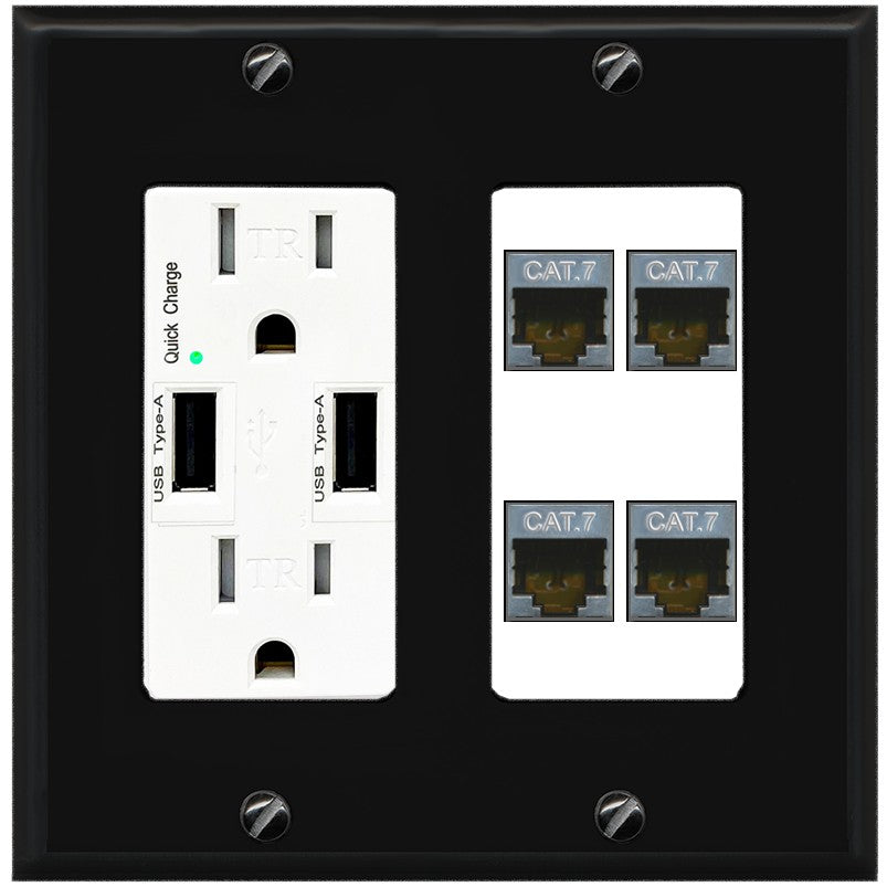 RiteAV 4 Port Cat7 Shielded Ethernet Wall Plate - USB Outlet [Black/White]
