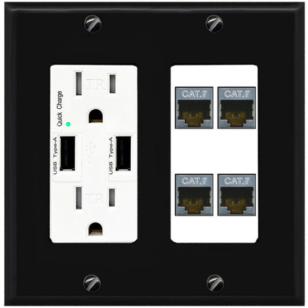RiteAV 4 Port Cat7 Shielded Ethernet Wall Plate - USB Outlet [Black/White]