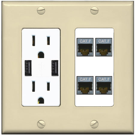 RiteAV 4 Port Cat7 Shielded Ethernet Wall Plate - USB Outlet [Ivory/White]
