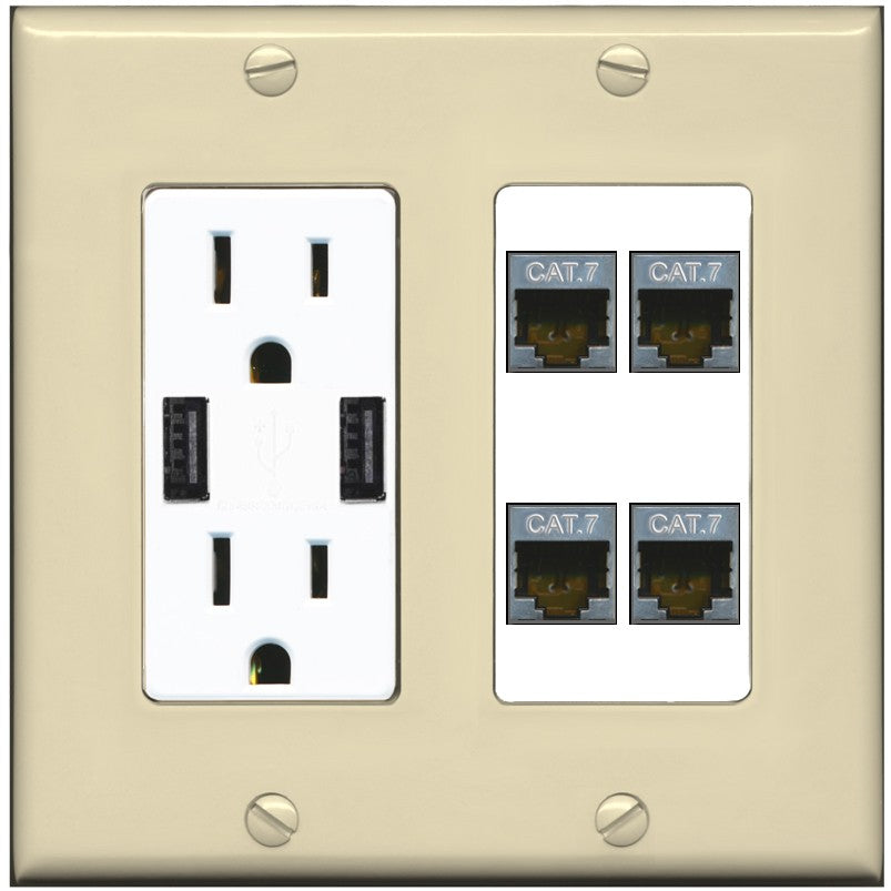 RiteAV 4 Port Cat7 Shielded Ethernet Wall Plate - USB Outlet [Ivory/White]
