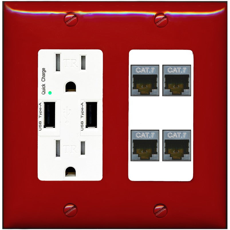 RiteAV 4 Port Cat7 Shielded Ethernet Wall Plate - USB Outlet [Red/White]