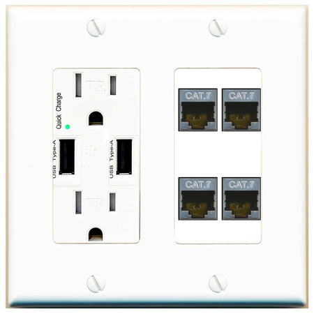 RiteAV 4 Port Cat7 Shielded Ethernet Wall Plate - USB Outlet [White]