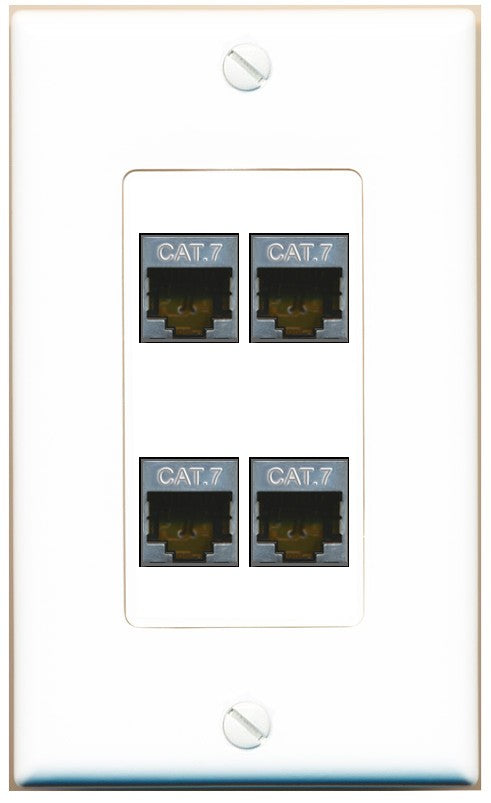 RiteAV 4 Port Cat7 Shielded Ethernet Wall Plate - 1 Gang Decorative [White]