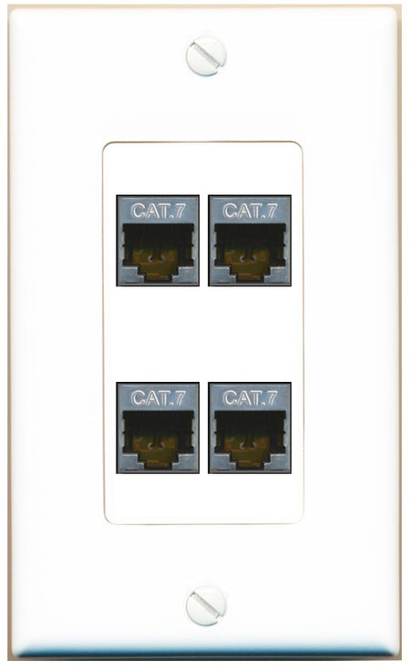 RiteAV 4 Port Cat7 Shielded Ethernet Wall Plate - 1 Gang Decorative [White]
