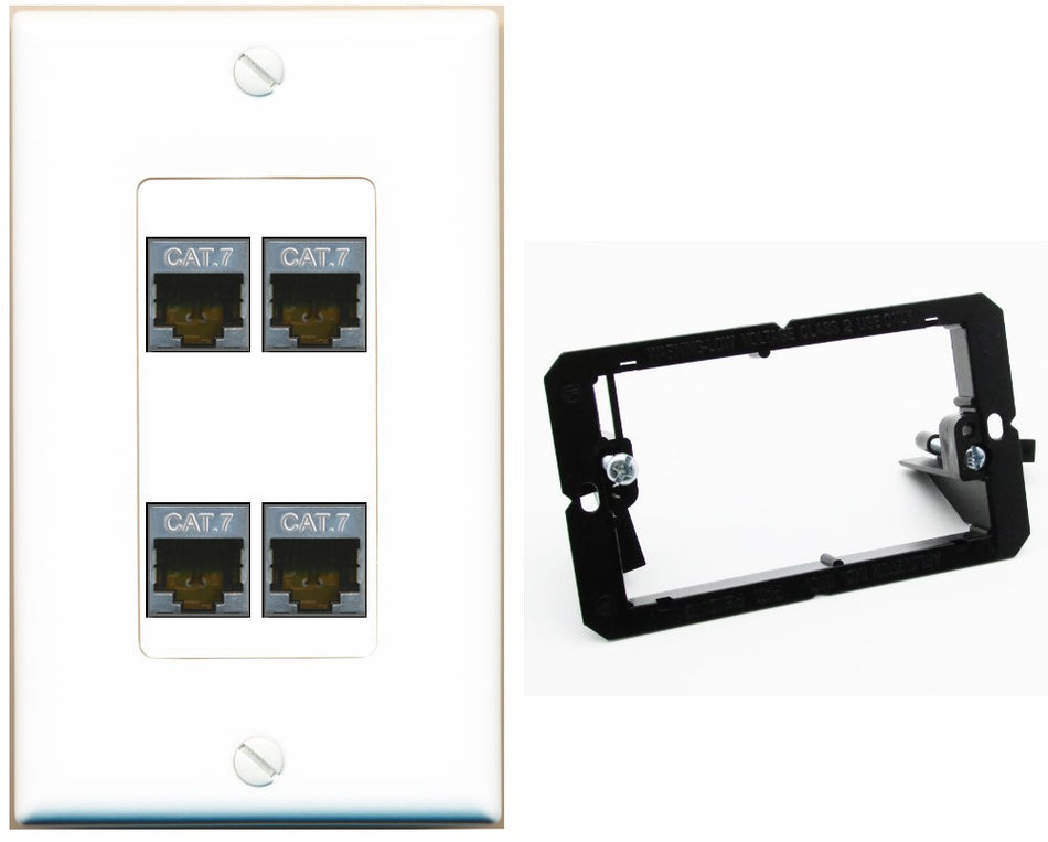 RiteAV 4 Port Cat7 Shielded Ethernet Wall Plate - Bracket [White]