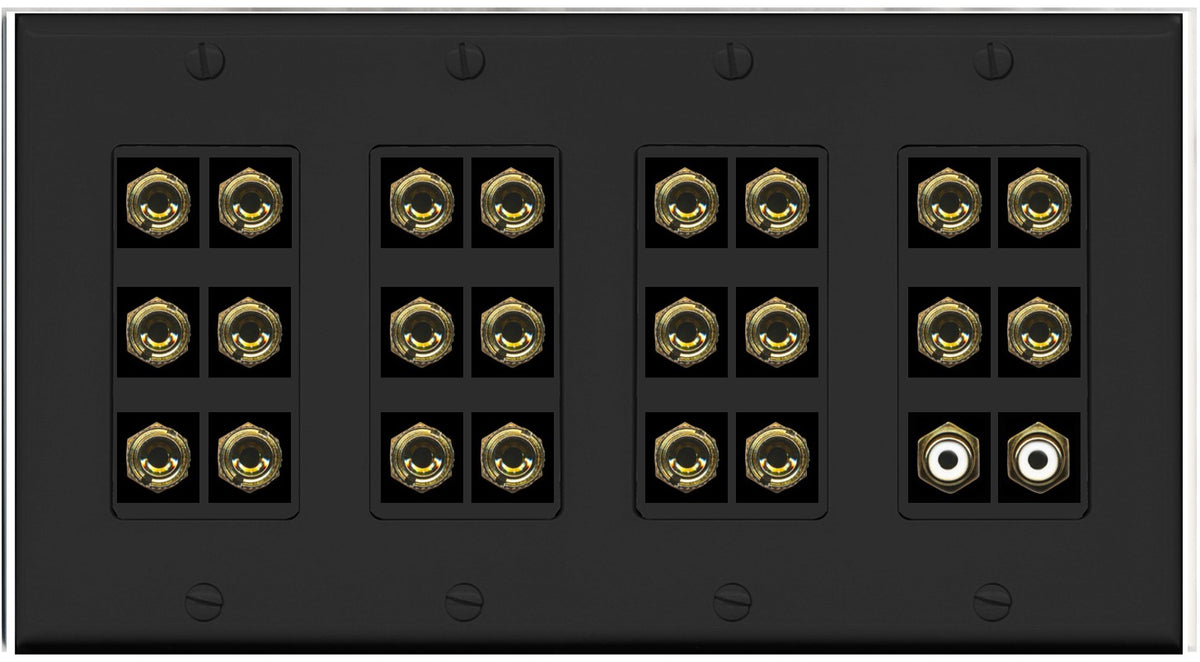 RiteAV 11.2 Surround Sound Speaker 22 Banana Port Wall Plate w/2 x RCA Female Connectors - 4 Gang [Black]