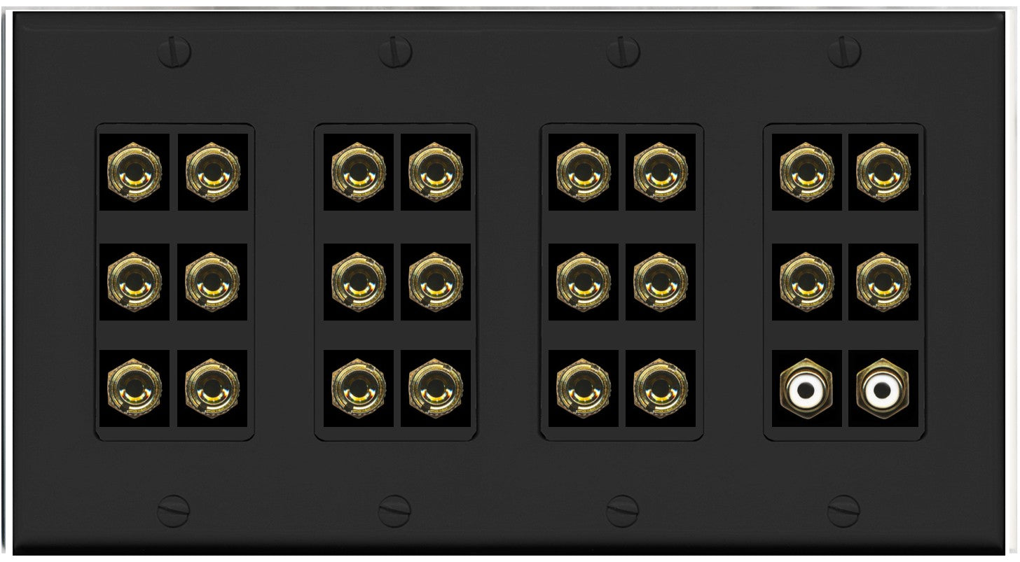 RiteAV 11.2 Surround Sound Speaker 22 Banana Port Wall Plate w/2 x RCA Female Connectors - 4 Gang [Black]