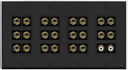 RiteAV 11.2 Surround Sound Speaker 22 Banana Port Wall Plate w/2 x RCA Female Connectors - 4 Gang [Black]