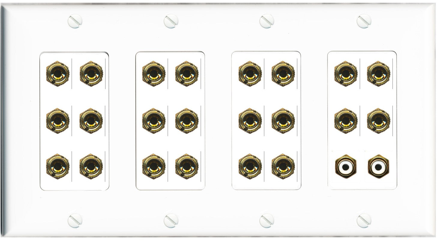 RiteAV 11.2 Surround Sound Speaker 22 Banana Port Wall Plate w/2 x RCA Female Connectors - 4 Gang [White]