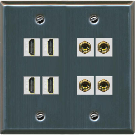 RiteAV 4 HDMI 4 Banana (2 Speaker) Wall Plate - Flat 2 Gang [Stainless Steel]