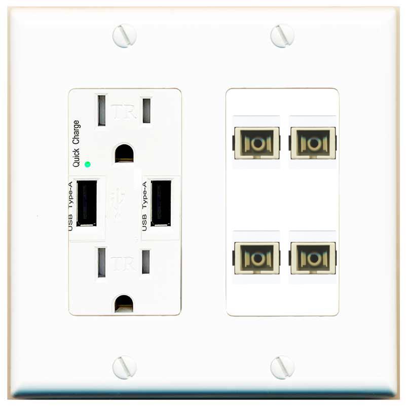 RiteAV 4 Port SC Fiber Optic Simplex Multimode Wall Plate - USB Charger [White]