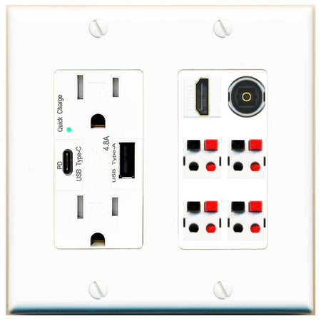RiteAV 4 Speaker 1 HDMI Toslink Wall Plate - USB AC Charger [White]