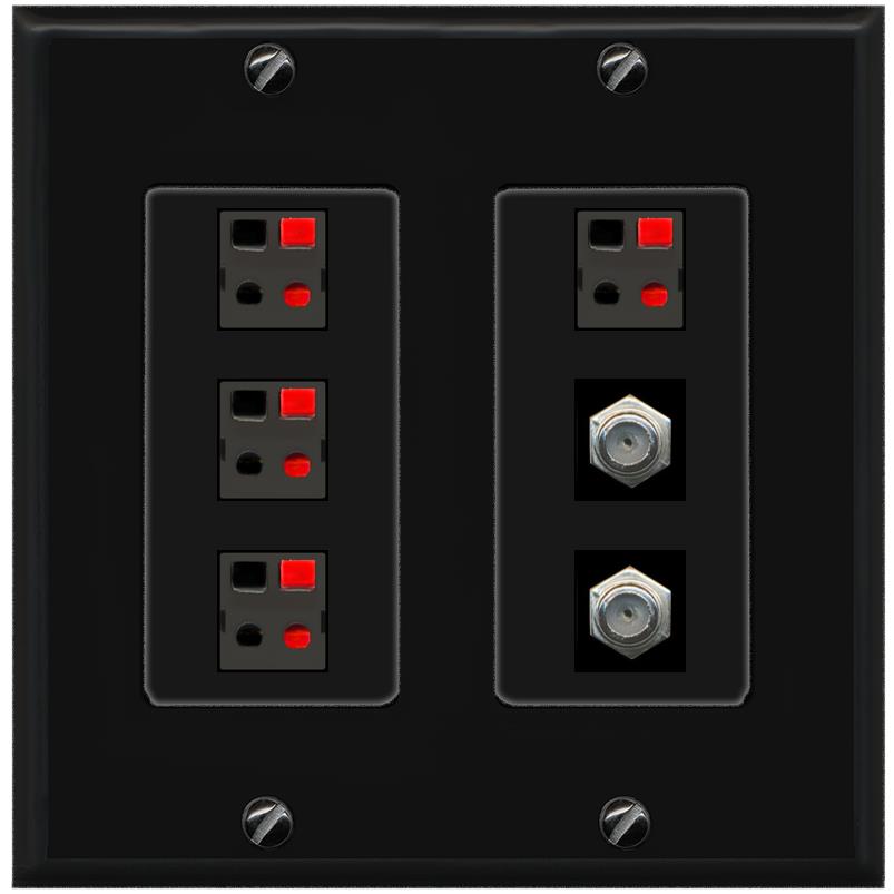 RiteAV 4 Speaker 2 Port Coax Cable TV Wall Plate - 2 Gang [Black/Black]