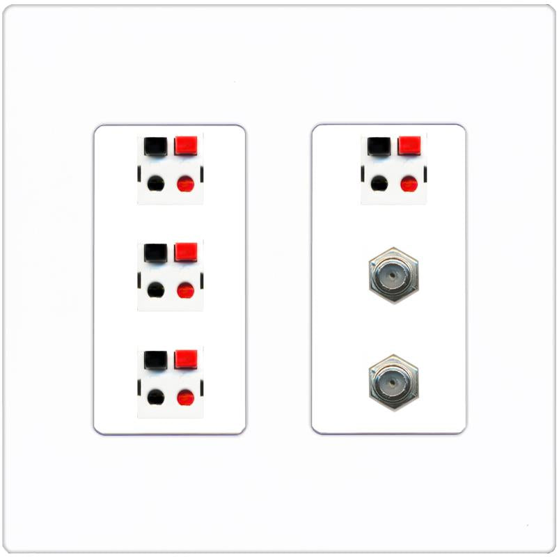RiteAV 4 Speaker 2 Port Coax Cable TV Wall Plate - 2 Gang [Screwless White]