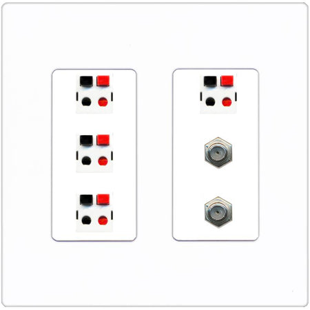 RiteAV 4 Speaker 2 Port Coax Cable TV Wall Plate - 2 Gang [Screwless White]