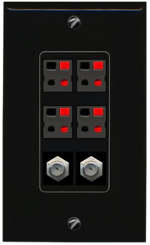 RiteAV 4 Speaker 2 Port Coax Cable TV Wall Plate - 1 Gang [Black/Black]