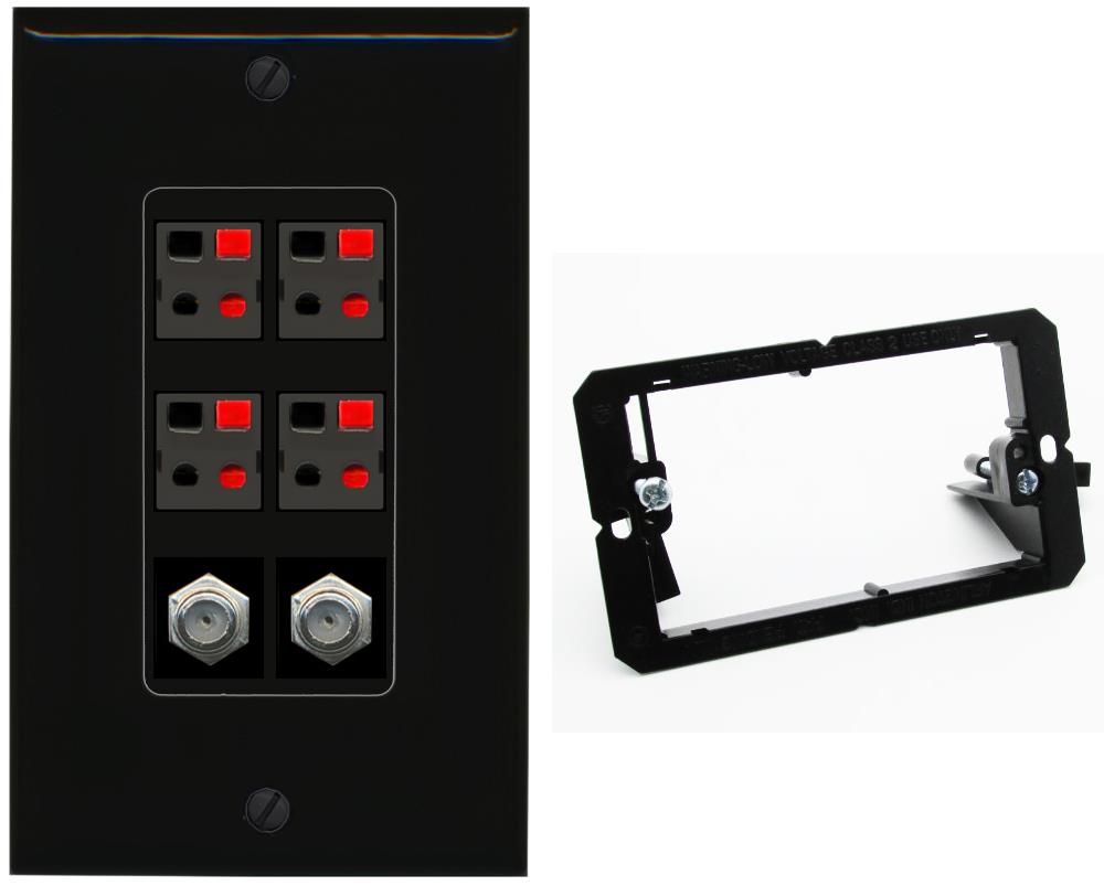 RiteAV 4 Speaker 2 Port Coax Cable TV Wall Plate - Bracket [Black/Black]