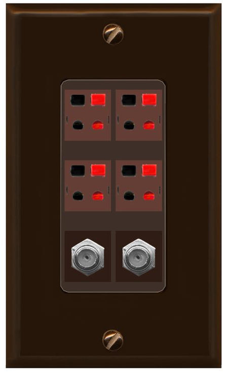 RiteAV 4 Speaker 2 Port Coax Cable TV Wall Plate - 1 Gang [Brown/Brown]