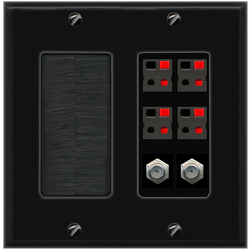 RiteAV 4 Speaker 2 Port Coax Cable TV Wall Plate - Brush [Black/Black]