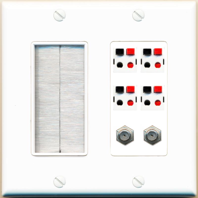 RiteAV 4 Speaker 2 Port Coax Cable TV Wall Plate - Brush [White]