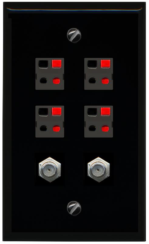 RiteAV 4 Speaker 2 Port Coax Cable TV Wall Plate - Flat [Black/Black]