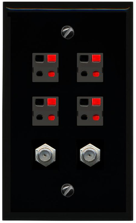 RiteAV 4 Speaker 2 Port Coax Cable TV Wall Plate - Flat [Black/Black]