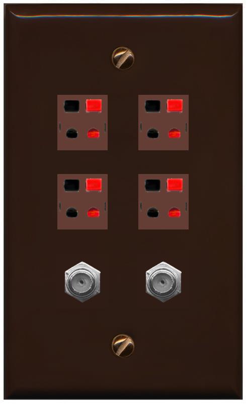 RiteAV 4 Speaker 2 Port Coax Cable TV Wall Plate - Flat [Brown/Brown]