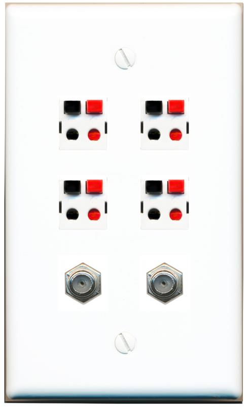 RiteAV 4 Speaker 2 Port Coax Cable TV Wall Plate - Flat [White]