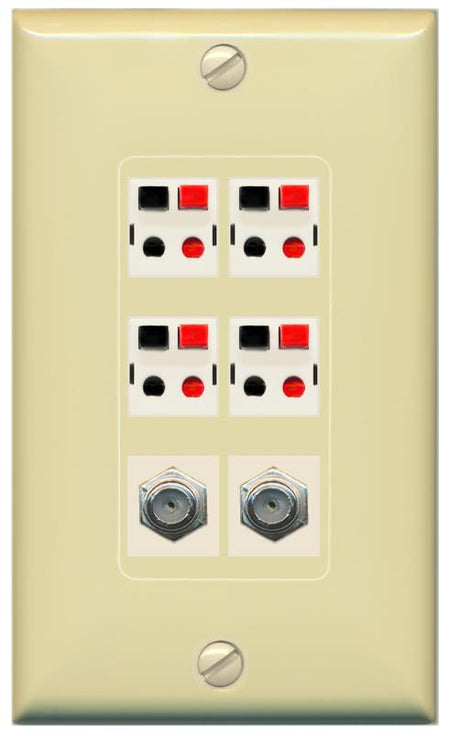 RiteAV 4 Speaker 2 Port Coax Cable TV Wall Plate - 1 Gang [Ivory/Ivory]