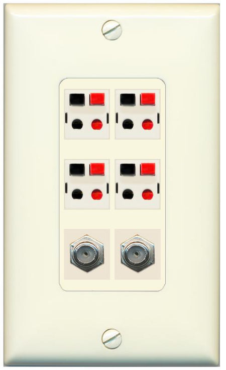 RiteAV 4 Speaker 2 Port Coax Cable TV Wall Plate - 1 Gang [Light-Almond]