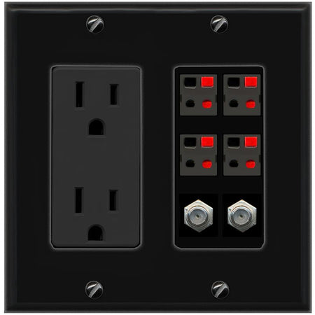 RiteAV 4 Speaker 2 Port Coax Cable TV Wall Plate - Outlet [Black/Black]