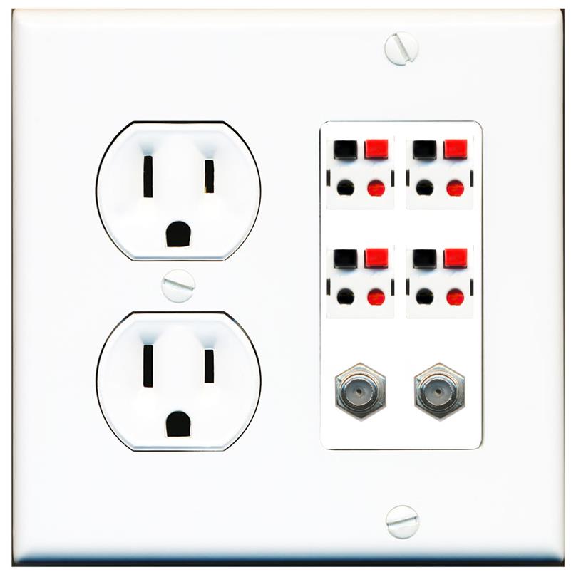 RiteAV 4 Speaker 2 Port Coax Cable TV Wall Plate - Round Outlet [White]