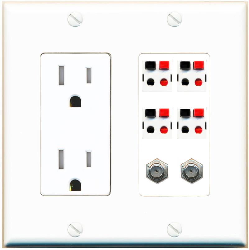 RiteAV 4 Speaker 2 Port Coax Cable TV Wall Plate - Tamper-Res [White]