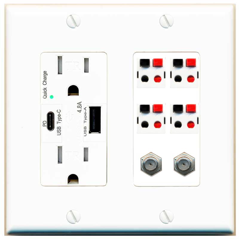 RiteAV 4 Speaker 2 Port Coax Cable TV Wall Plate - USB AC Charger [White]