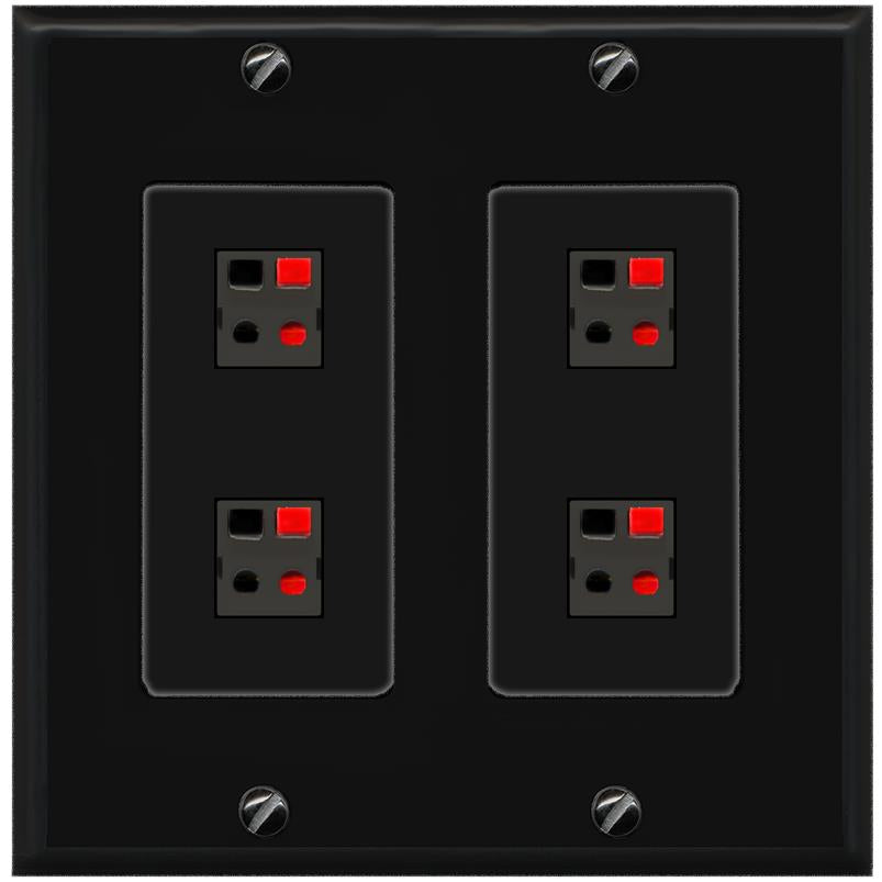 RiteAV 4 Port Speaker Wire Plug Jack Wall Plate - 2 Gang [Black/Black]