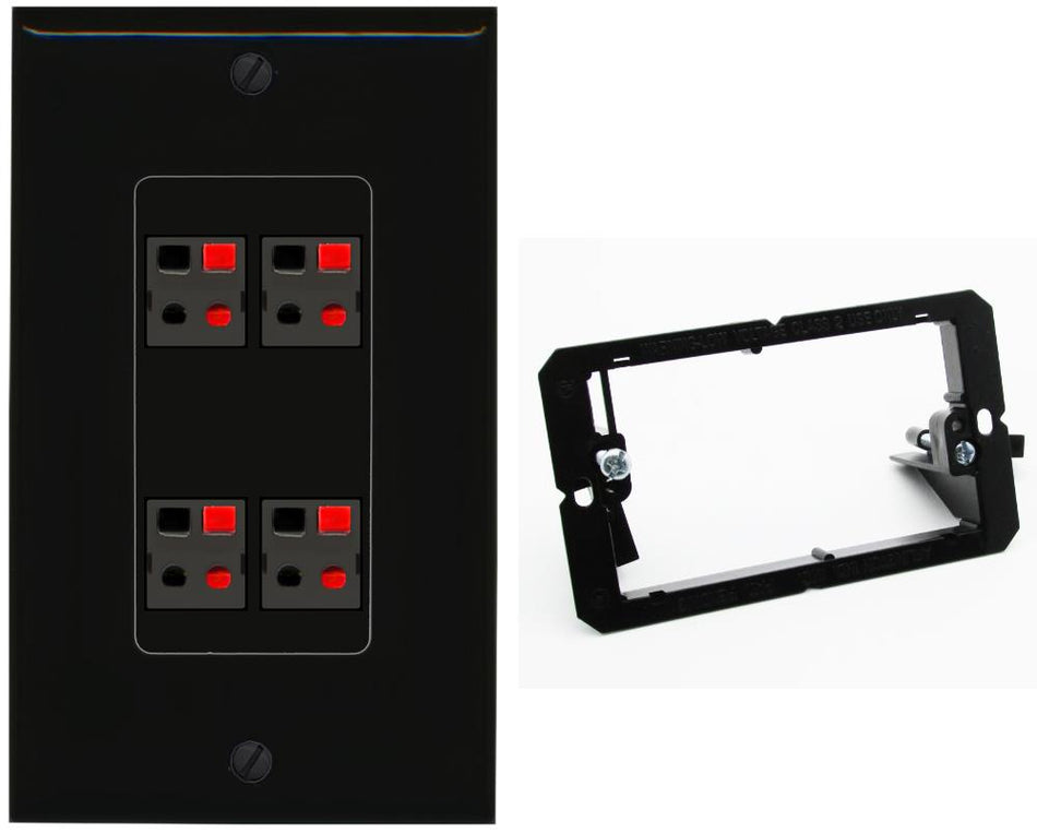 RiteAV 4 Port Speaker Wire Plug Jack Wall Plate - Bracket [Black/Black]