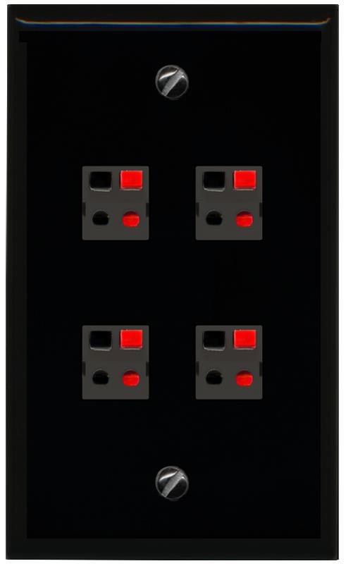 RiteAV 4 Port Speaker Wire Plug Jack Wall Plate - Flat [Black/Black]