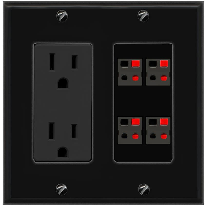 RiteAV 4 Port Speaker Wire Plug Jack Wall Plate - Outlet [Black/Black]