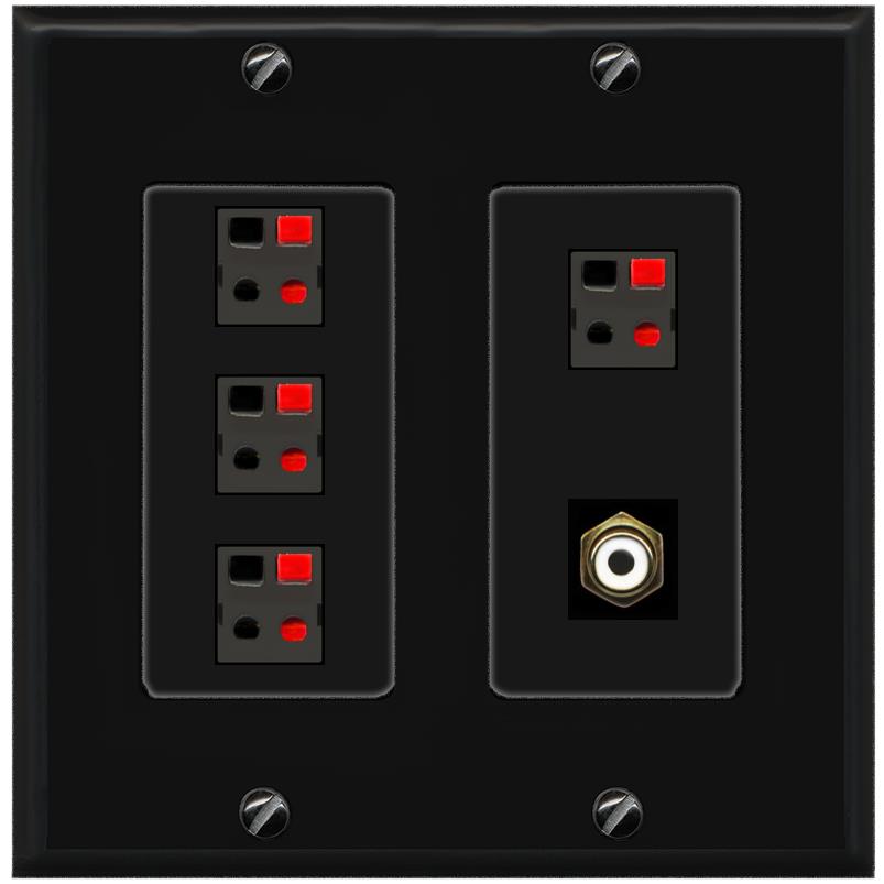 RiteAV 4 Port Speaker Wire Plug Jack Wall Plate with RCA for Subwoofer - 2 Gang [Black/Black]