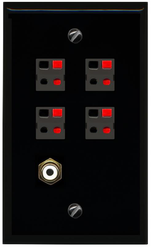 RiteAV 4 Port Speaker Wire Plug Jack Wall Plate with RCA for Subwoofer - Flat [Black/Black]